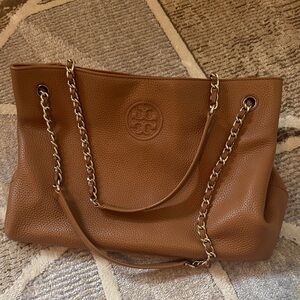 Tory Burch Cognac Pebbled Leather Chain Tote